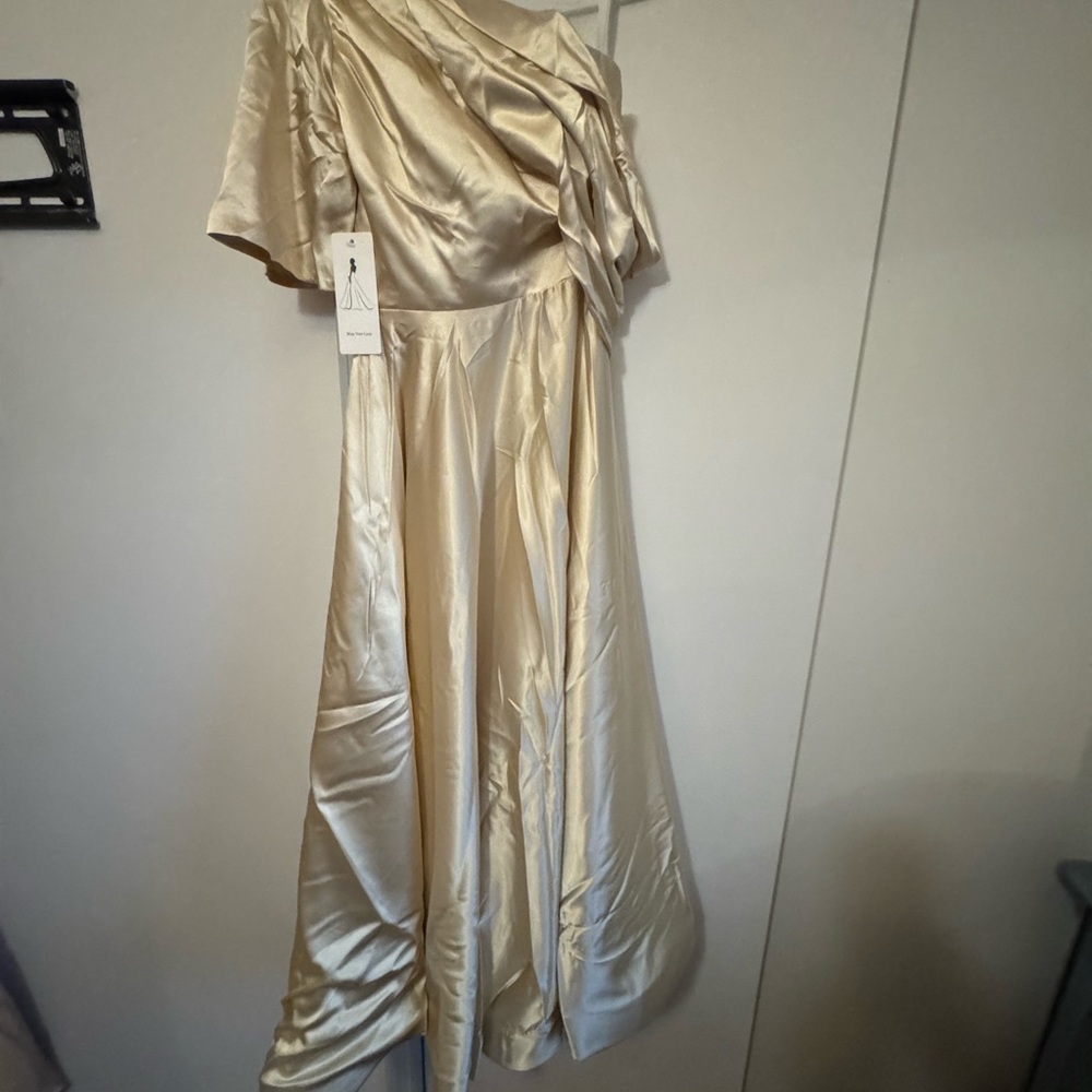 Cream One Shoulder Flutter Sleeve Gown
